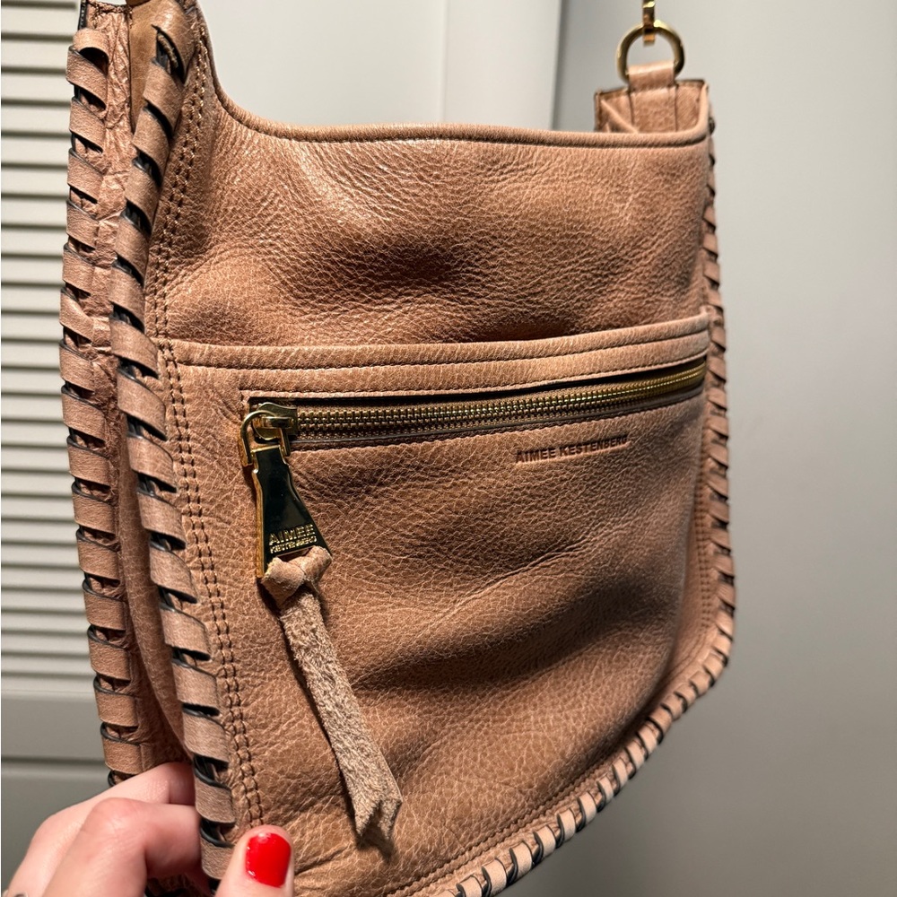 AIMEE KESTENBERG Light Brown Leather Shoulder Crossbody Bag With Stitching